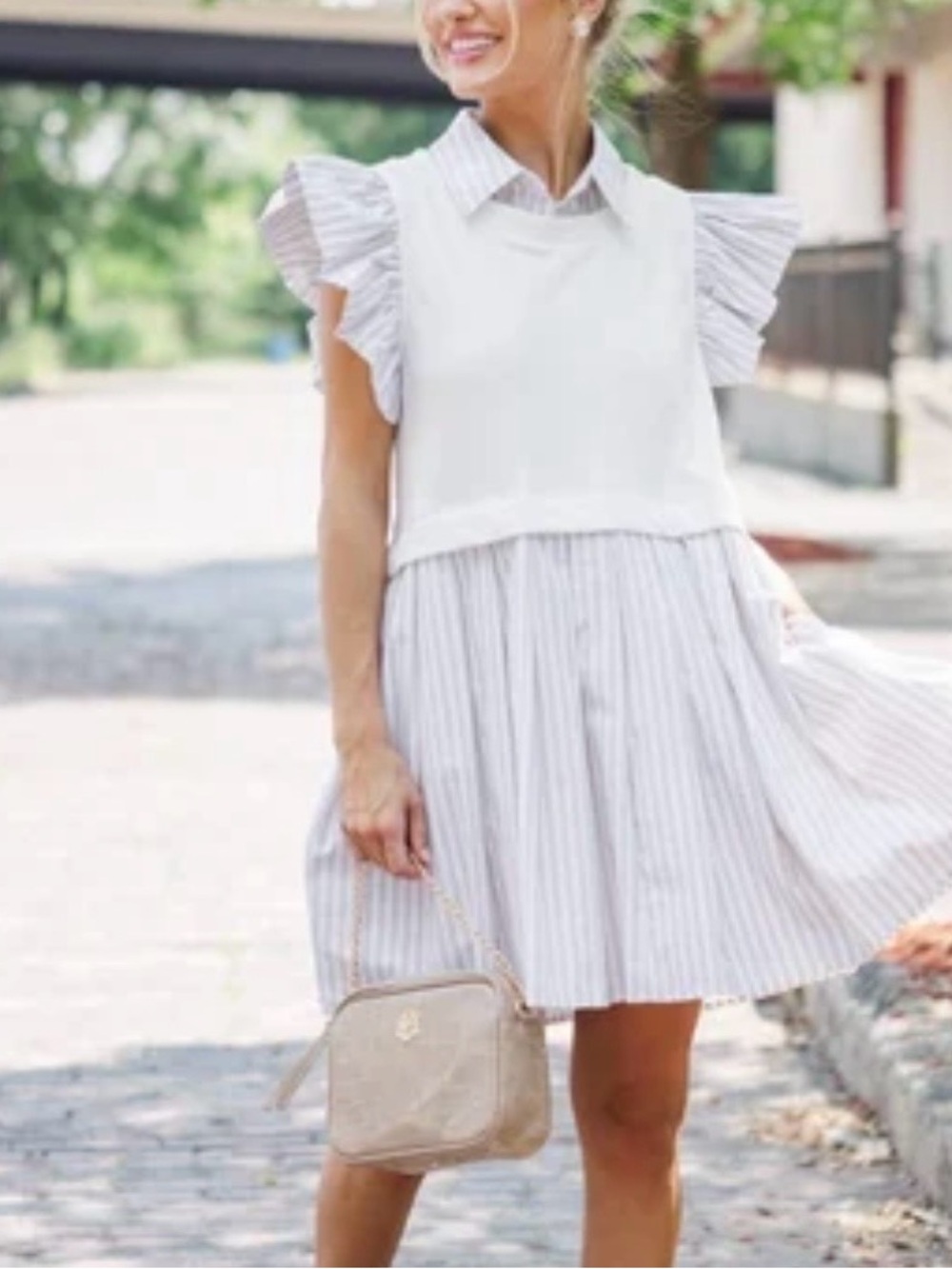 Tan and cream Stripe Ruffle Sleeve Dress - Small